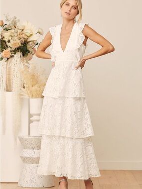 Like New S - Lulu’s Molinetto White Lace Ruffled Tiered Sleeveless Maxi Dress